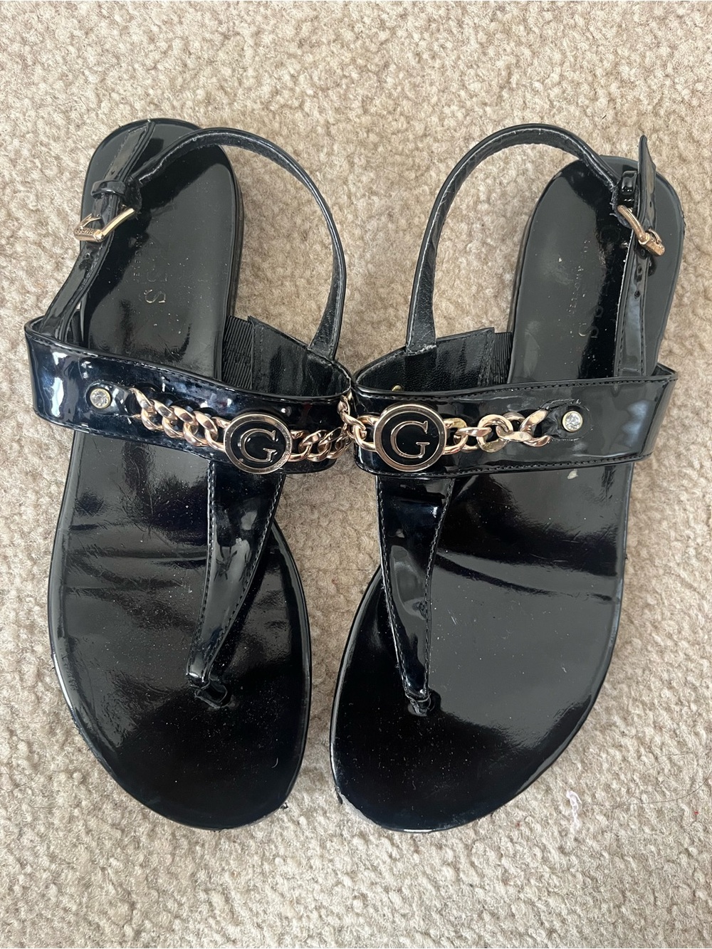 Black Patent Leather Chain-Accent Women's Sandals